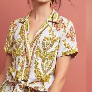 Anthropologie White and Gold Patterned Button Down Shirt